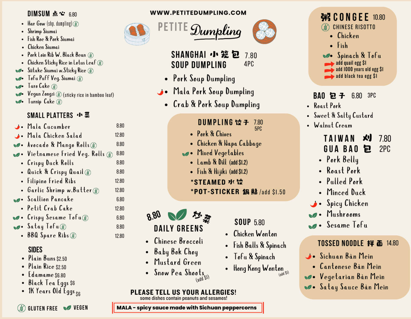 Petite Dumpling Prospect Heights menu with dim sum, soup dumplings, dumplings, bao, gua bao, congee, tossed noodles, daily greens, soups, small platters, and sides.